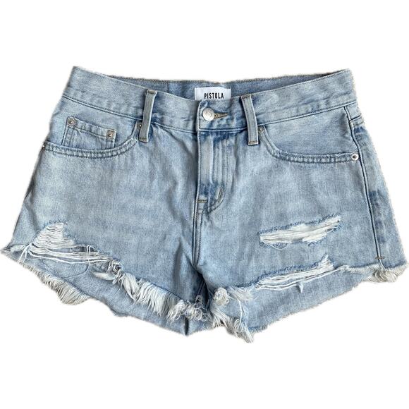 PISTOLA Anthropologie Gigi Low Rise Cut Off Denim Jean Shorts 25 Blue Distressed - Picture 2 of 9